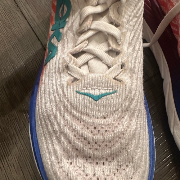 Hoka White and Orange Athletic Shoes with Blue Accents - Picture 8 of 8